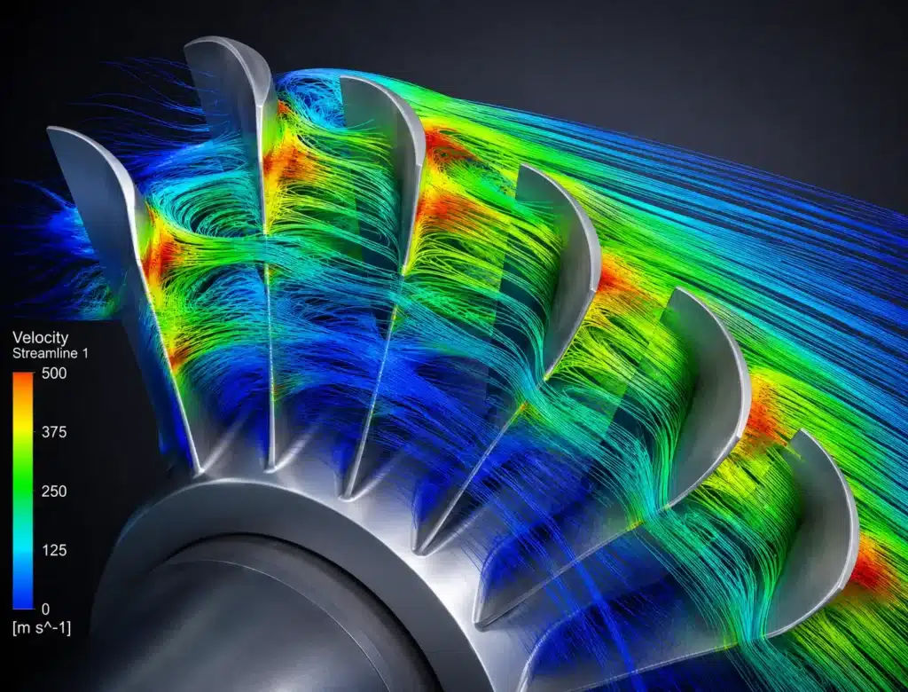 Rainbow velocity streamlines through turbine blades • Turbomachinery CFD analysis of axial turbine blade passage with velocity streamlines
